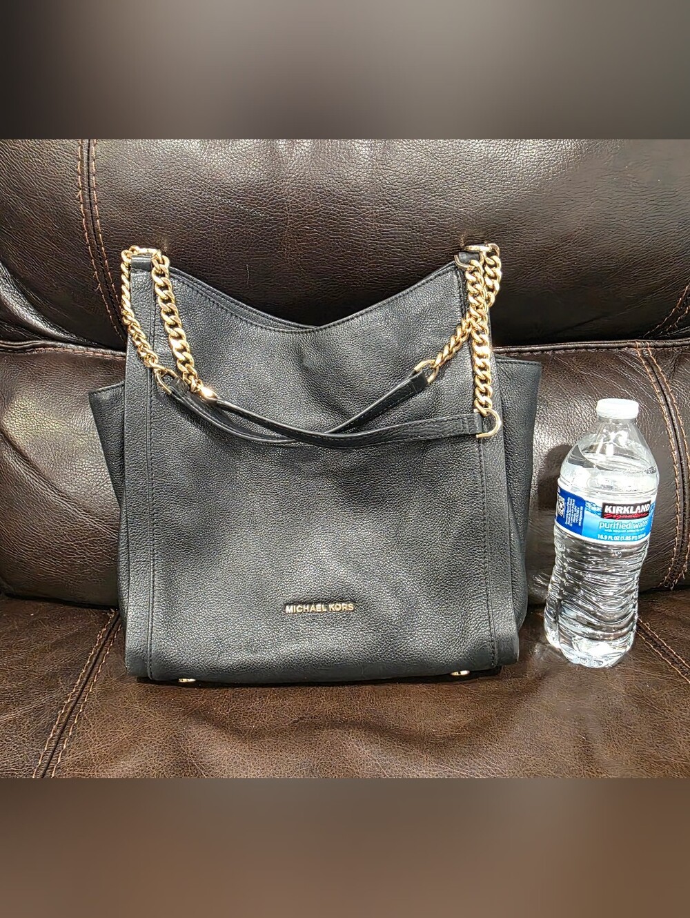 Michael Kors Black Leather Shoulder Bag with Gold Chain Handles